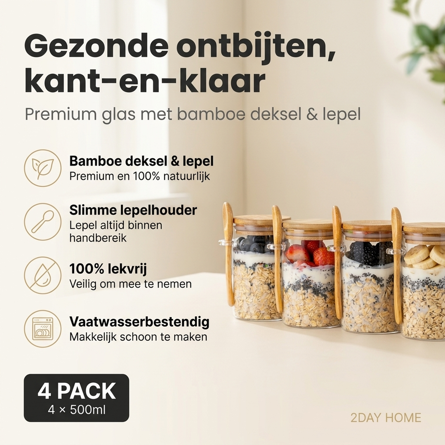 Hand houdt een 2DAY HOME overnight oats pot vast — lifestyle beeld