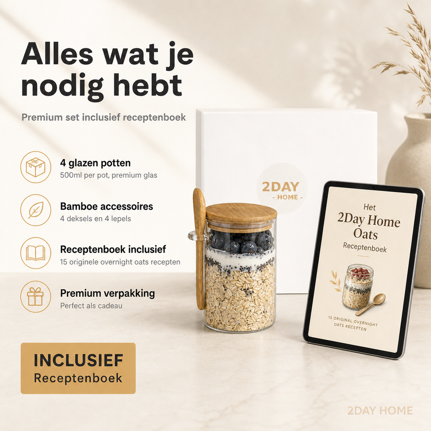 2DAY HOME Overnight Oats Jars Bamboe Set — 4 glazen potten van 500ml met bamboe deksel en lepel op witte achtergrond